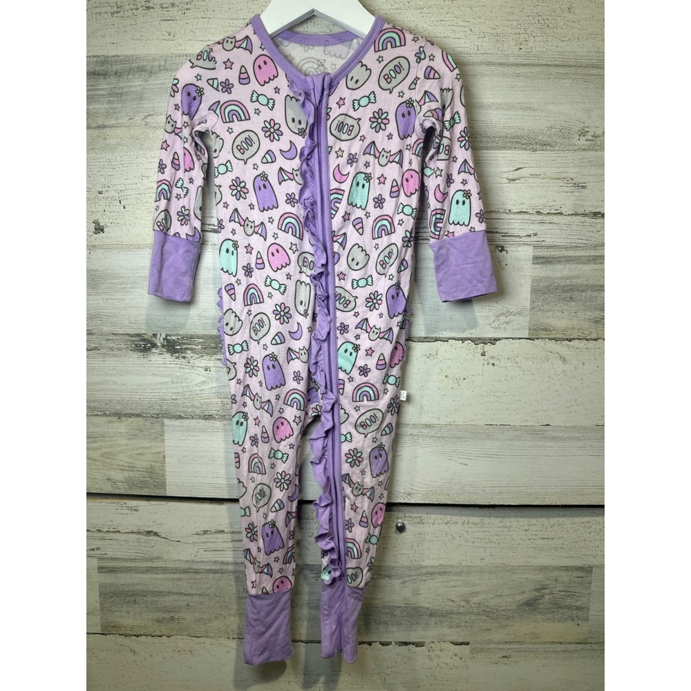 Little Snuggles Sleeper Kids 9-12M Purple Ghost Rainbow Ruffle Bamboo GUC